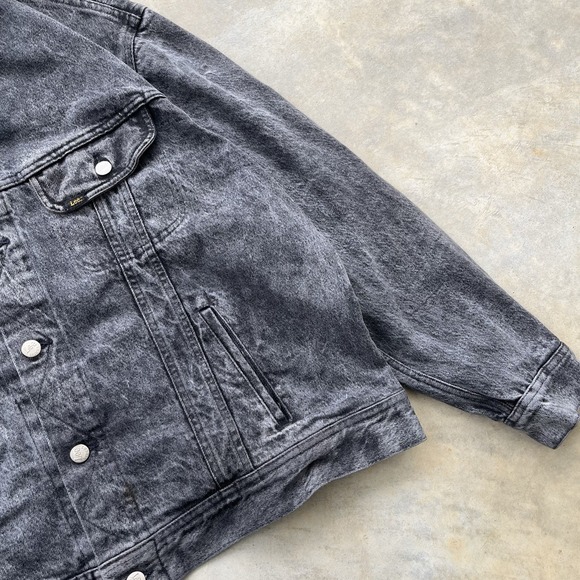 Lee 220 Black Yarn-Dyed Denim Trucker Jacket 90s Vintage XL 48 Cropped Boxy Fit - Picture 3 of 9